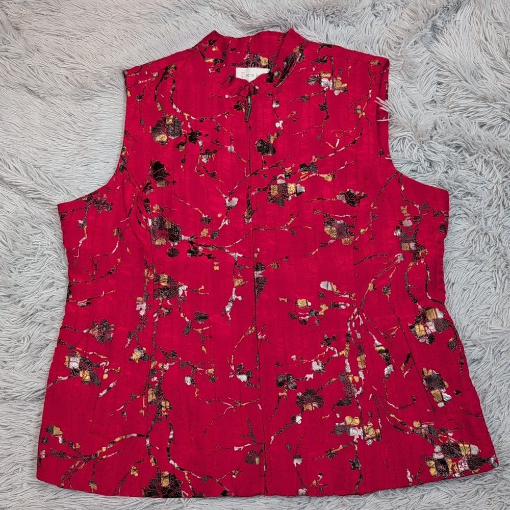 Erin London Vest Womens L Red Asian Oriental Faux Pockets Lightweight Zip Up